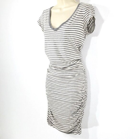 Athleta Topanga Striped Ruched T Shirt Dress Sz XS Stretchy V Neck Gray/White - Picture 7 of 13